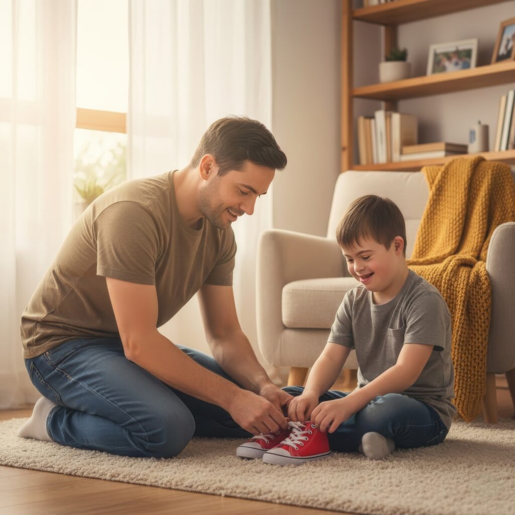 man helping young child put on red converse high tops