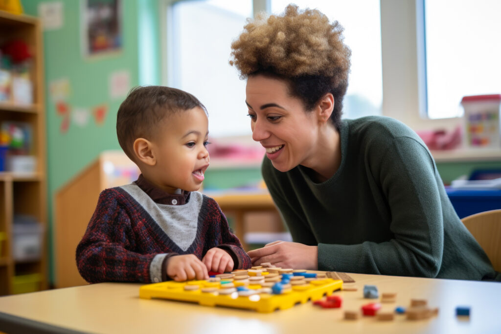 A therapist engages with a young child during a learning activity at a table.